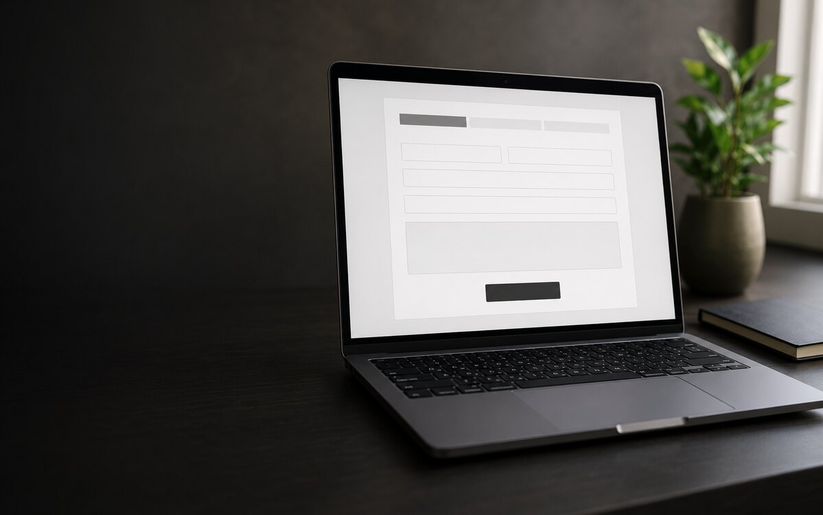 Notebook exibindo formulário online em ambiente de trabalho organizado